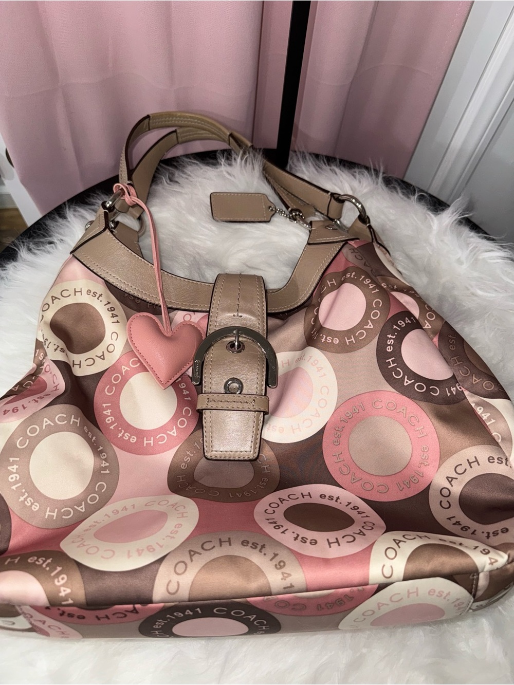 Coach Pink Brown Circle Logo Print Hobo Shoulder Bag Y2K - Picture 9 of 10